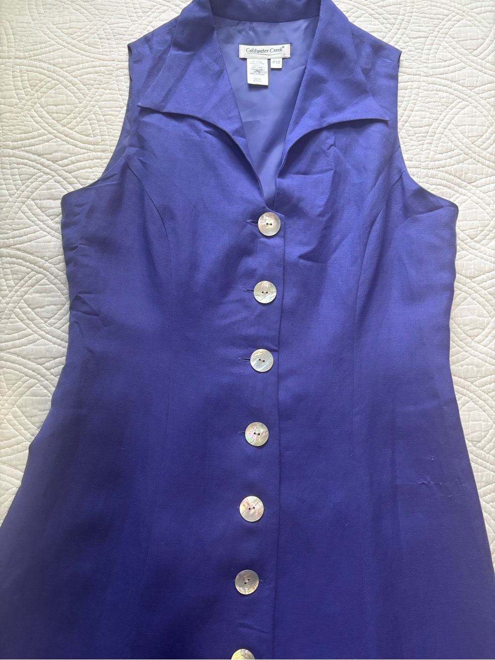 Vintage Linen Dress 12 Petite Indigo Iridescent Button Front - Picture 4 of 15
